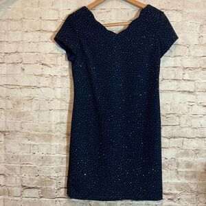 Vintage David Warren Dress Women 8 Petite Navy Y2K Glitter Polka Dots‎ Scalloped